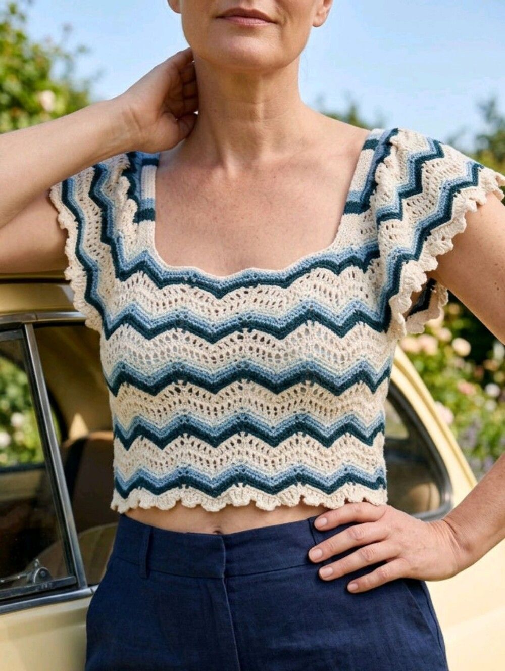 🔹️NWT Jessica Simpson Cream & Blue Crochet Knit Flutter Sleeve Top XLarge